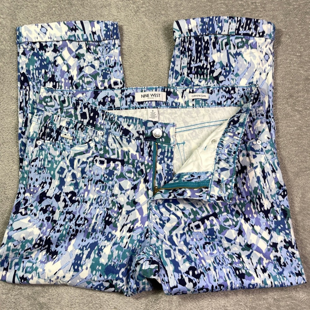 Nine West Christie Capri Women's Jeans‎ Blue White Abstract Print Size 8 Artsy